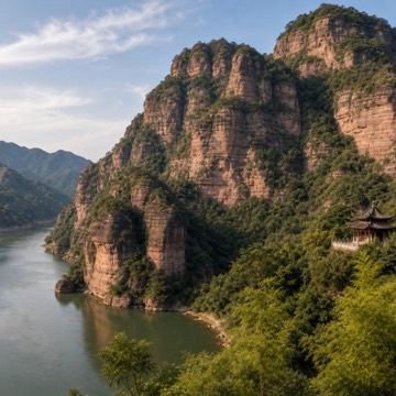 Longhu Mountain red cliffs and river landscape near Yingtan in Jiangxi