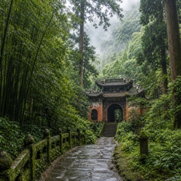 Qingcheng Mountain forest path and Taoist temple gate in Sichuan