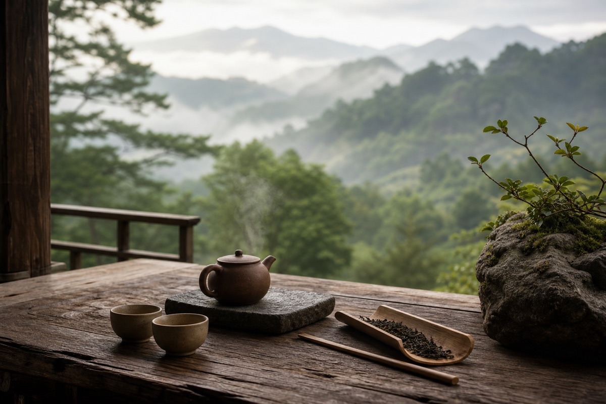 Clay teapot and two cups on a wooden table overlooking misty green mountains