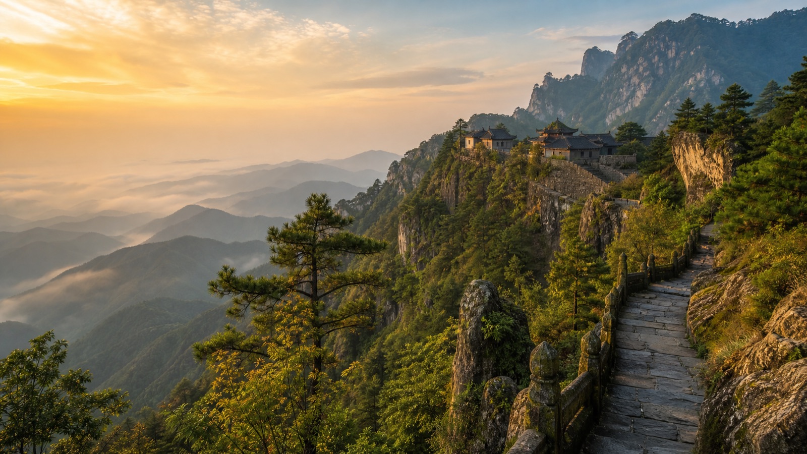 Misty Taoist mountain trail with temple rooftops and sunrise